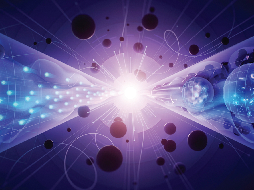 Screenshot from cover of 2023 P5 Report illustrates linkage of the very small (particles) and very large (structure of universe)