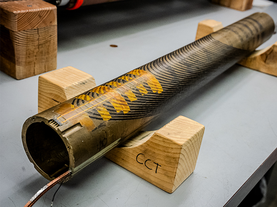 A close-up of a Canted Cosine Theta winding inside a superconducting magnet